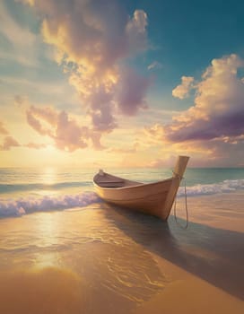 Dreamlike scene with a wooden boat on the beach. Sea sunset in pastel colors