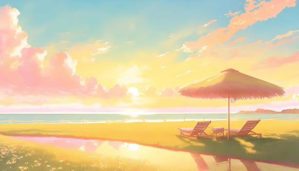 Beautiful summertime illustration with sunbeds on the turf in front of the sunset over sea. Aesthetics summer season in pastel colors. Relaxing holiday vibes