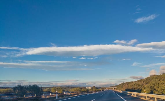 Caceres, Spain - January 19th, 2024: Driving along Autovia A-66, Caceres North section. The major highway in western Spain
