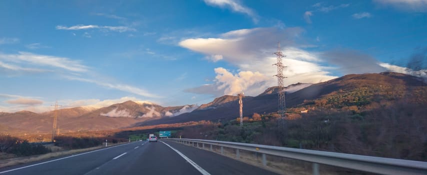 Caceres, Spain - January 19th, 2024: Driving along Autovia A-66, Caceres North section. The major highway in western Spain