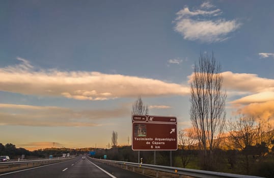 Caceres, Spain - January 19th, 2024: Driving along Autovia A-66. Detour to Roman site of Caparra