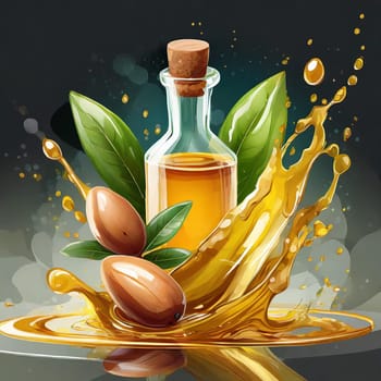 Illustration of splashes of argan oil with argan nuts and green leaves