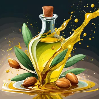 Illustration of splashes of argan oil with argan nuts and green leaves
