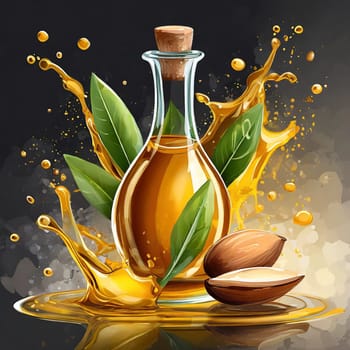 Illustration of splashes of argan oil with argan nuts and green leaves