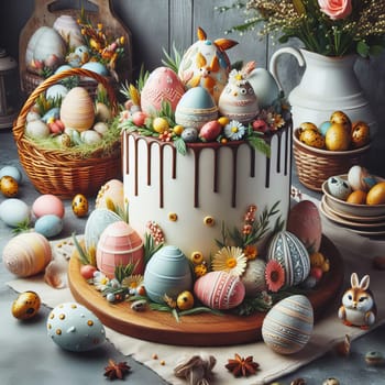 Festive Easter cake with colorful eggs, flowers, and decorations on a table