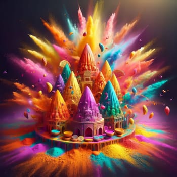 Indian holi festival concept. A vibrant, fantastical castle with colorful spiers surrounded by an explosion of colors and floating elements