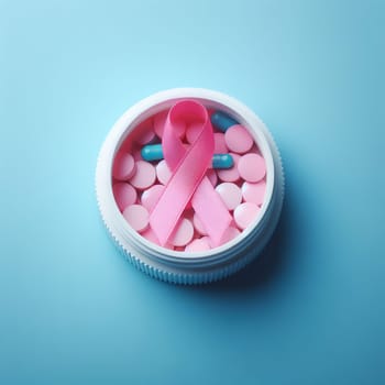 Pink ribbon and colorful pills on a blue background symbolizing breast cancer awareness and treatment. Pills in a jar