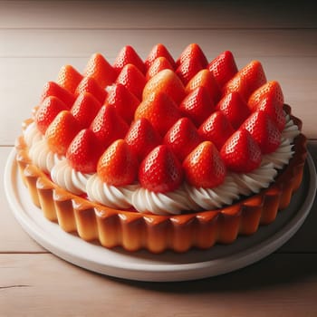 A delicious strawberry tart on a white plate, garnished with fresh strawberries on a wooden table. The tart is adorned with an arrangement of whole and sliced ripe red strawberries
