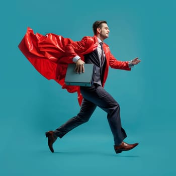 A young businessman leaps forward in a vibrant red hero cape, embodying speed and agility with a laptop in hand. Essence of modern business dynamics and the superhero within every professional