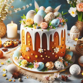 Festive Easter cake with colorful eggs, flowers, and decorations on a table