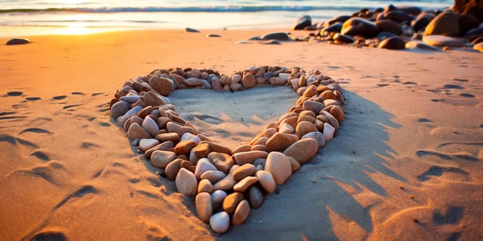 Heart-shaped stones on a sandy beach, illuminated by the warm colors of a sunset. A romantic scene perfect for expressing love