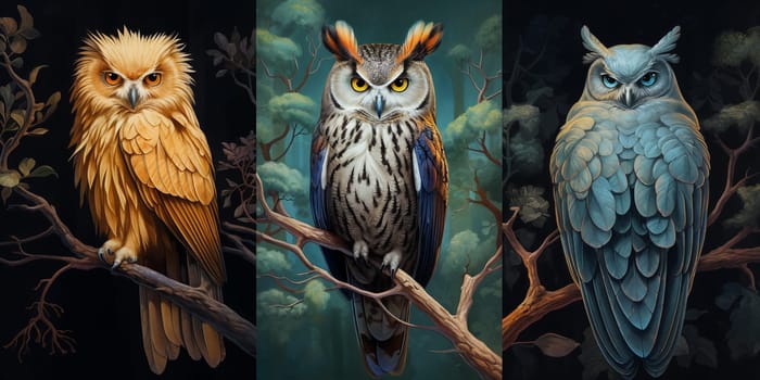 Collage of three different owls perched on a vibrant tree. Generative AI