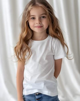 Girl's White Short Sleeve Round Neck T-Shirt Mockup It is a useful tool for clothing designers to help visualize T-shirts before actual production Save time and money and makes it easier to decide.