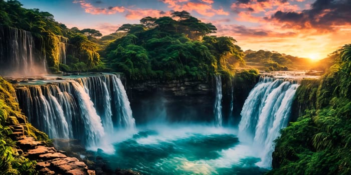 Fantasy landscape with waterfall at sunset, panorama.