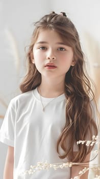 Girl's White Short Sleeve Round Neck T-Shirt Mockup It is a useful tool for clothing designers to help visualize T-shirts before actual production Save time and money and makes it easier to decide.
