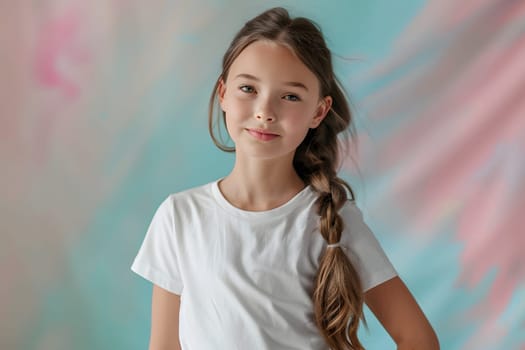 Girl's White Short Sleeve Round Neck T-Shirt Mockup It is a useful tool for clothing designers to help visualize T-shirts before actual production Save time and money and makes it easier to decide.