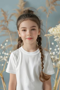 Girl's White Short Sleeve Round Neck T-Shirt Mockup It is a useful tool for clothing designers to help visualize T-shirts before actual production Save time and money and makes it easier to decide.