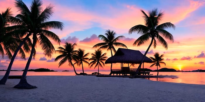 A tranquil tropical island with white sand, palm trees, a paradise hut, a breathtaking sunset, and a picturesque beach by the sea. Generative AI