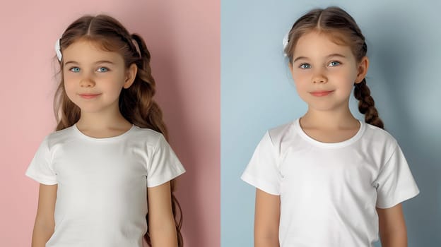 Girl's White Short Sleeve Round Neck T-Shirt Mockup It is a useful tool for clothing designers to help visualize T-shirts before actual production Save time and money and makes it easier to decide.