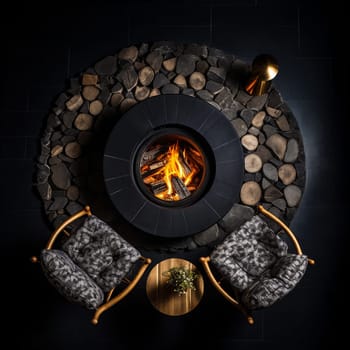 A cozy fireplace with two armchairs, view from above. Generative AI