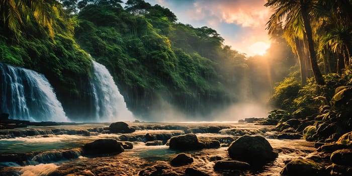 Fantasy landscape with waterfall at sunset, panorama.