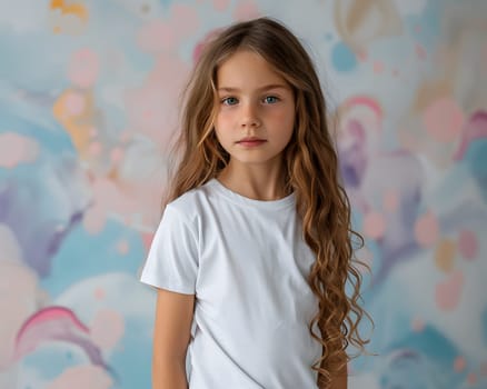 Girl's White Short Sleeve Round Neck T-Shirt Mockup It is a useful tool for clothing designers to help visualize T-shirts before actual production Save time and money and makes it easier to decide.