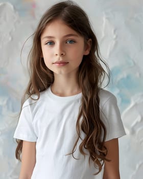 Girl's White Short Sleeve Round Neck T-Shirt Mockup It is a useful tool for clothing designers to help visualize T-shirts before actual production Save time and money and makes it easier to decide.