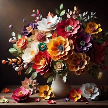 Beautiful paper flowers in a white vase on a dark background. Handmade to order