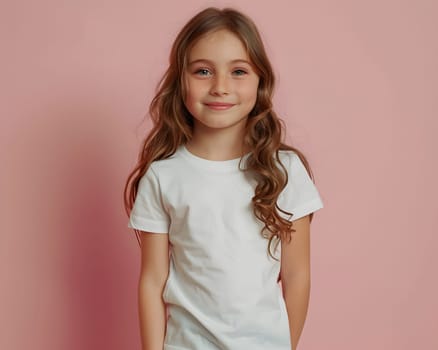 Girl's White Short Sleeve Round Neck T-Shirt Mockup It is a useful tool for clothing designers to help visualize T-shirts before actual production Save time and money and makes it easier to decide.