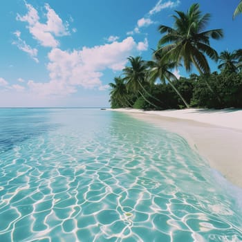 Tropical beach with clear turquoise water, white sand and palm trees under a blue sky. Place for an inscription