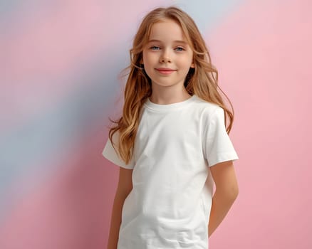 Girl's White Short Sleeve Round Neck T-Shirt Mockup It is a useful tool for clothing designers to help visualize T-shirts before actual production Save time and money and makes it easier to decide.