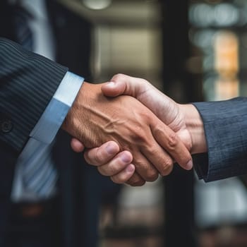 Close-up of two professionals in suits shaking hands indoors with natural light. Good deal