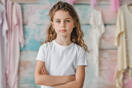 Girl's White Short Sleeve Round Neck T-Shirt Mockup It is a useful tool for clothing designers to help visualize T-shirts before actual production Save time and money and makes it easier to decide.