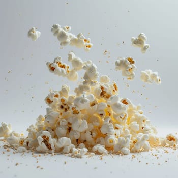 Evening of relaxation and cinema. Popped popcorn kernels exploding upwards, caught in the air, on a white background