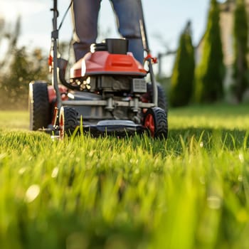Person mowing a lush green lawn with a red lawnmower in sunlight, highlighting garden maintenance
