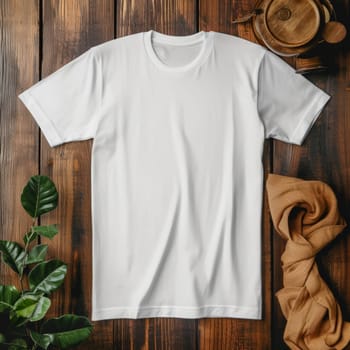 Blank white t-shirt on rustic wooden background with green leaves and brown fabric. Place for an inscription