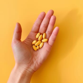 A hand holds bright vitamins on a bright orange background. Taking care of health, supporting the body