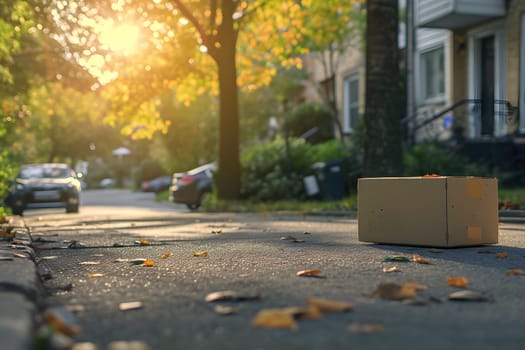 Cardboard box in front of residential home entrance at sunny day. Neural network generated image. Not based on any actual person or scene.