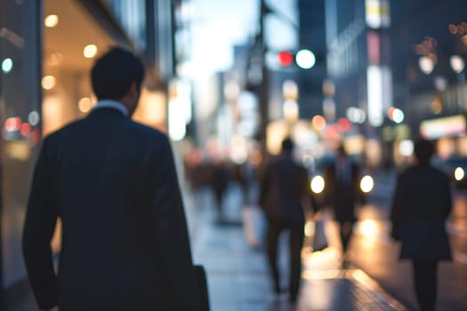 Close up abstract business background with businessmen navigating the cityscape, Interacting and collaborating. Neural network generated image. Not based on any actual person or scene.