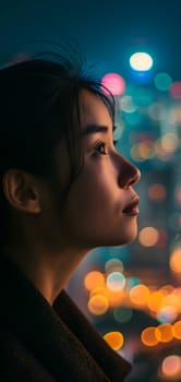Close up of a young successful Asian business woman looking at the night city with professional cinematic light. Neural network generated image. Not based on any actual person or scene.
