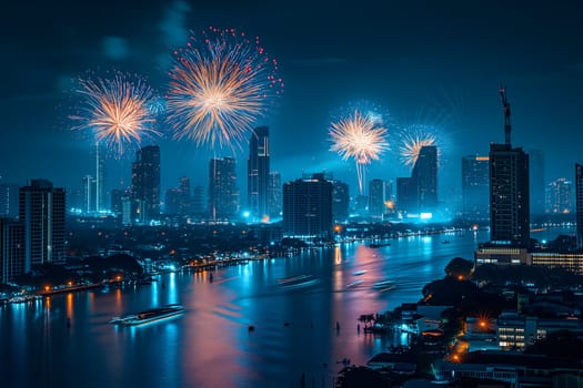 A spectacular image of fireworks illuminating the night sky over a city. Neural network generated in January 2024. Not based on any actual scene or pattern.