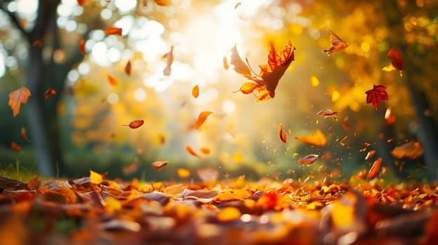 Beautiful autumn view with colorful foliage in the park. Falling leaves background with copy space and selective focus. Neural network generated in January 2024. Not based on any actual scene or pattern.