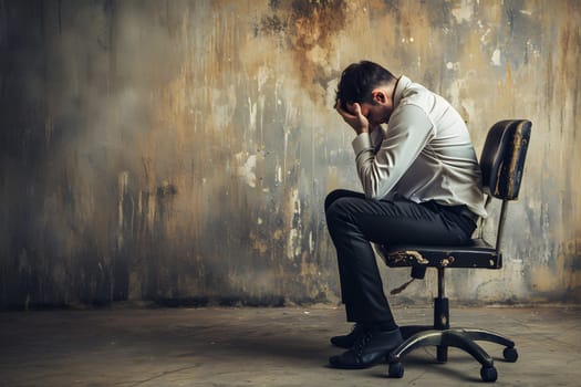 Businessman seated in his chair in frustration and stress. Neural network generated image. Not based on any actual person or scene.