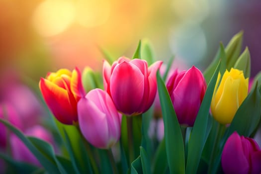 Beautiful Spring Nature background with tulip Flowers, selective focus. Vivid colors. Neural network generated in January 2024. Not based on any actual scene or pattern.