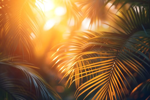 Vibrant sunny backdrop palm leaves with golden sun light. Neural network generated in January 2024. Not based on any actual scene or pattern.