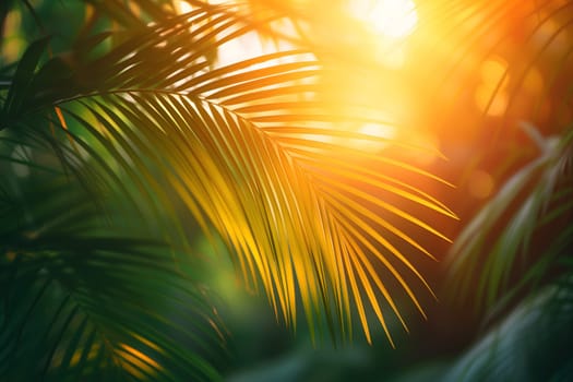 Vibrant sunny backdrop palm leaves with golden sun light. Neural network generated in January 2024. Not based on any actual scene or pattern.