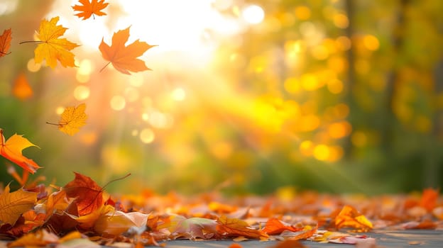 Beautiful autumn view with colorful foliage in the park. Falling leaves background with copy space and selective focus. Neural network generated in January 2024. Not based on any actual scene or pattern.