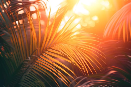 Vibrant sunny backdrop palm leaves with golden sun light. Neural network generated in January 2024. Not based on any actual scene or pattern.