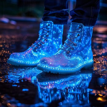 Starlit rain boots illuminate a nighttime scene, their sparkle mirroring the celestial sky above. They stand in a tranquil puddle, exuding enchantment and wonder
