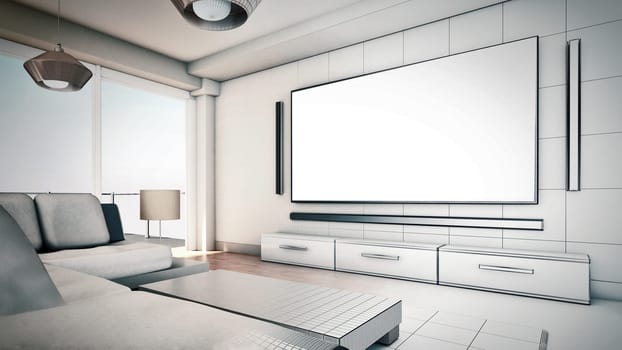 Modern living room half wireframe half standard rendering. 3D illustration.